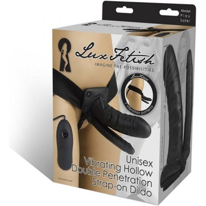 Unisex Vibrating Hollow Double Penetration Strap-On Dildo Black - Image 1