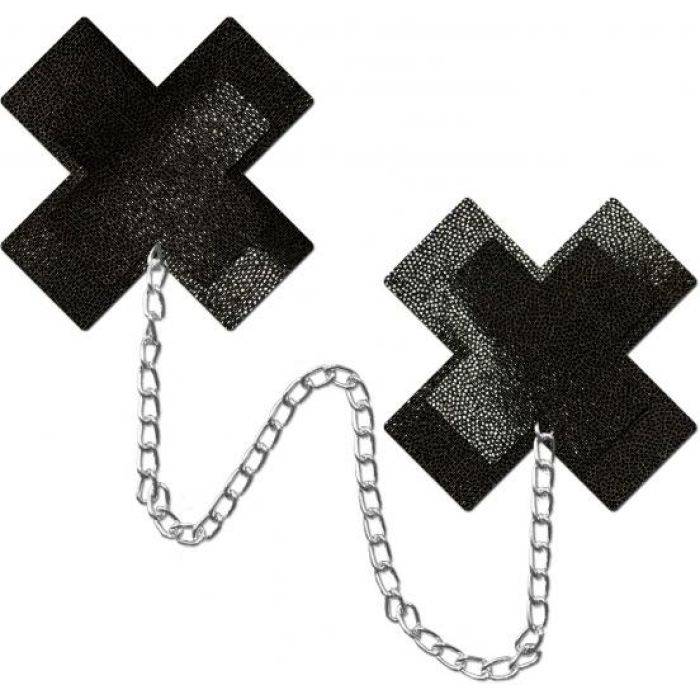Pastease Chains Liquid Black X Cross W/ Chunky Silver Chain Nipple Pasties - Image 1
