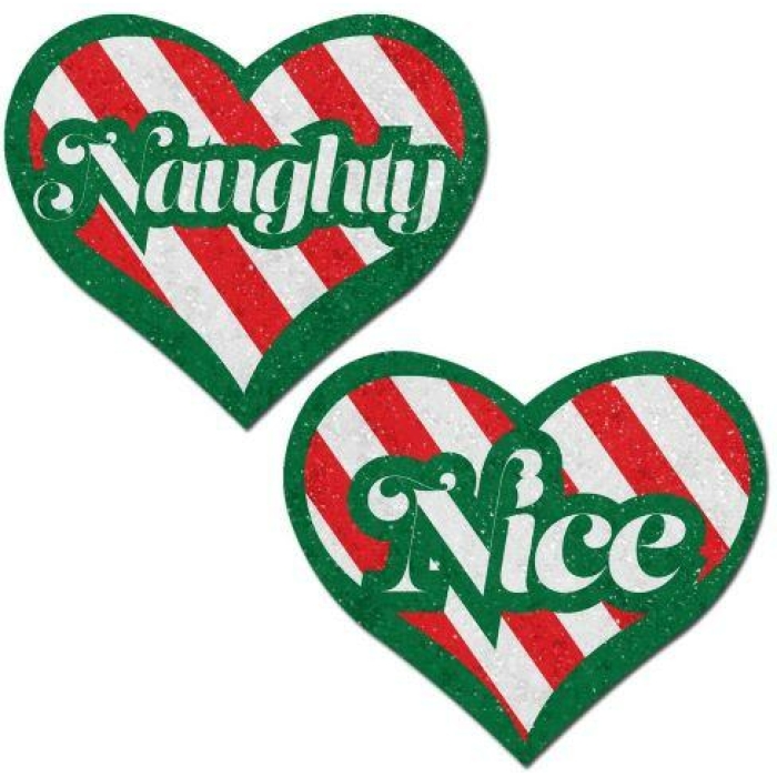 Pastease Naughty & Nice Heart Green, Red & White Velvet Pasties - Image 1