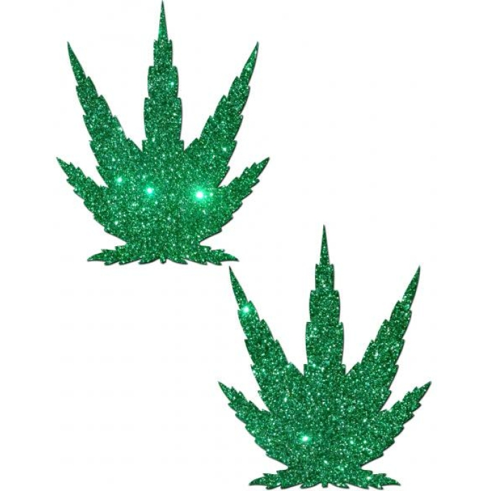 Pot Leaf Green Glitter Pasties - Image 1