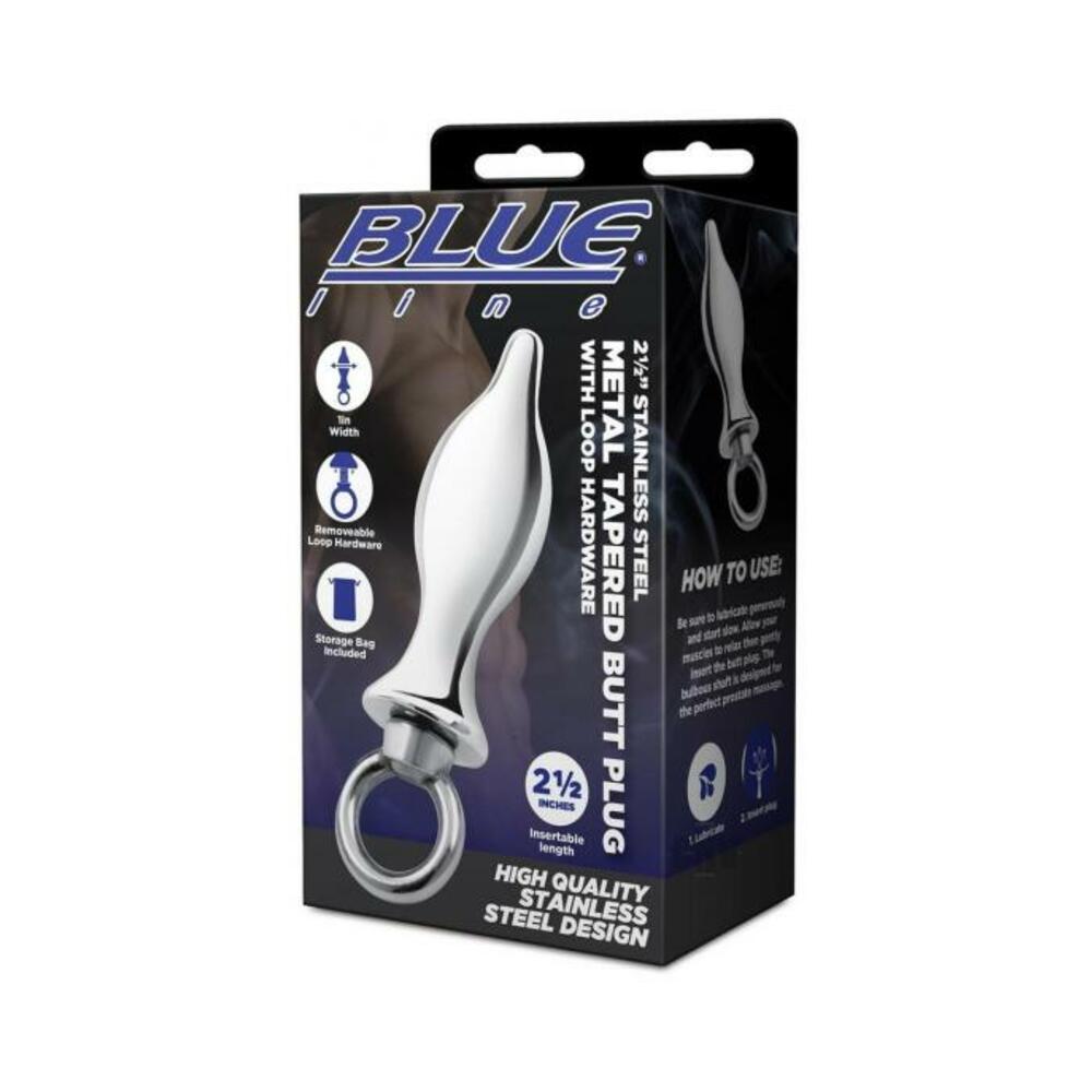4890808283264_1 Blue Line 2.5" Stainless Steel Metal Tapered Butt Plug With Loop Hardware - Image 1