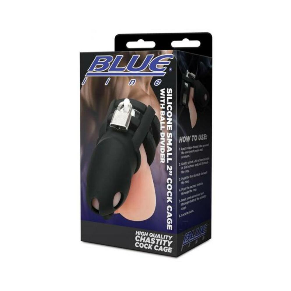 4890808283479_1 Blue Line 2" Silicone Mini Cock Cage With Ball Divider - Black - Image 1