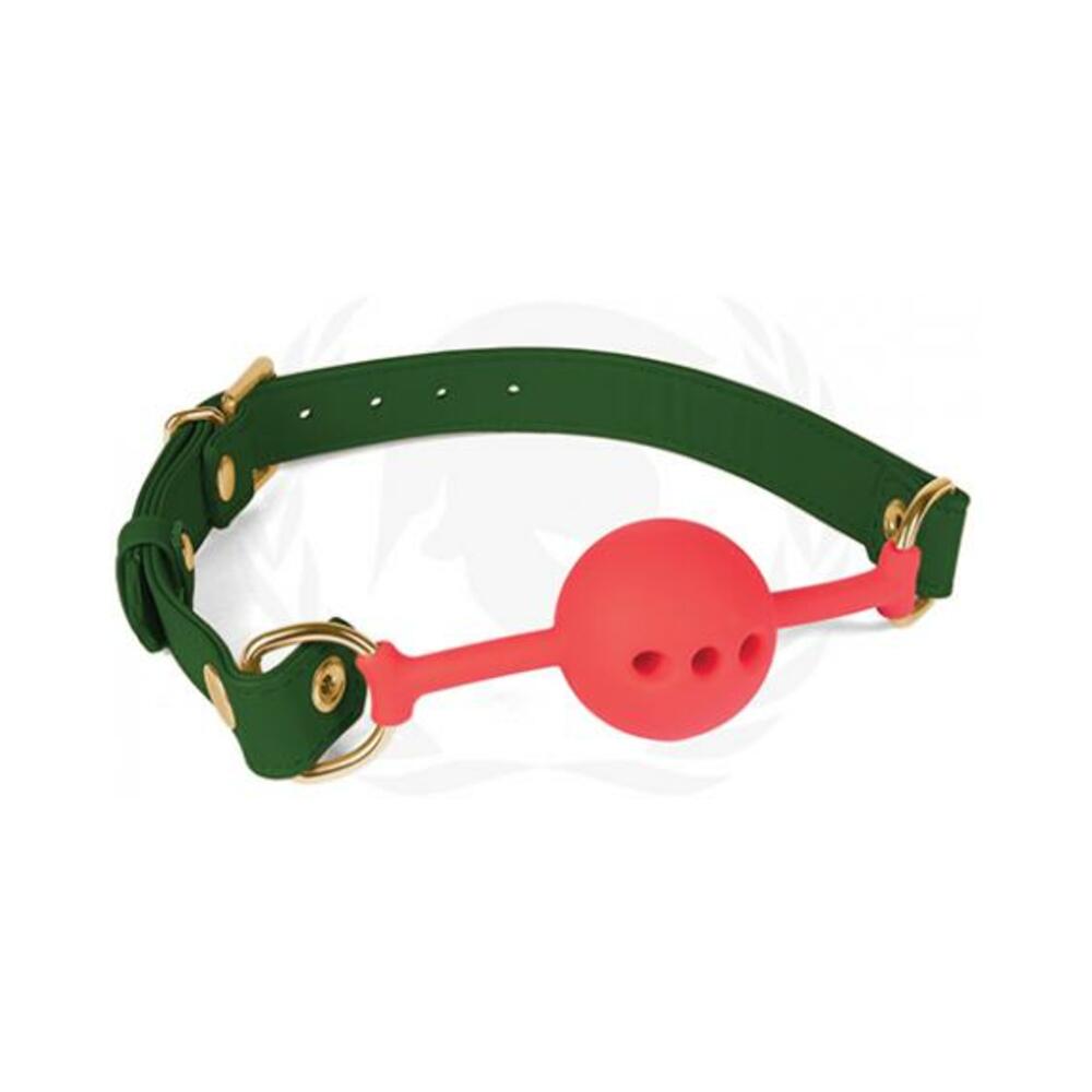 669729000274_1 Spartacus 46 Mm Red Silicone Ball Gag With Green Pu Strap - Image 1
