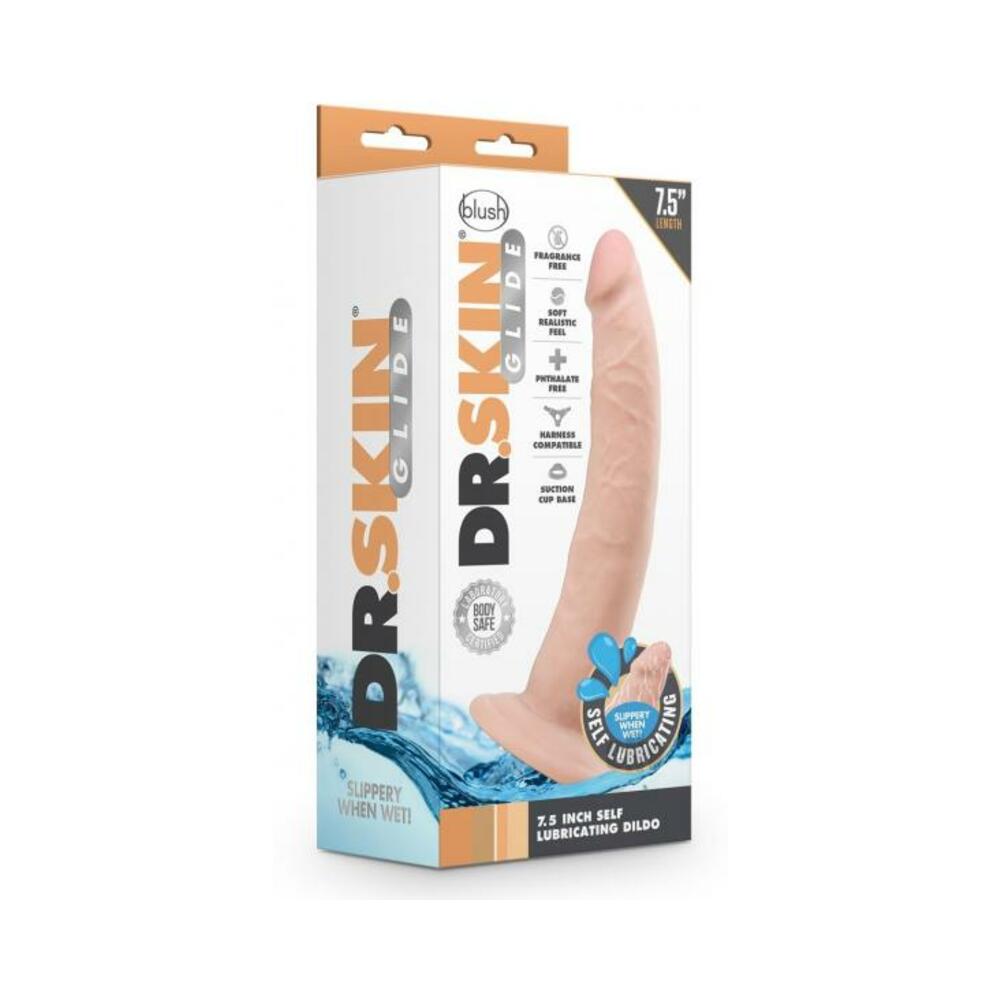 819835025863_1 Dr. Skin Glide 7.5" Self-lubricating Dildo Vanilla - Image 1
