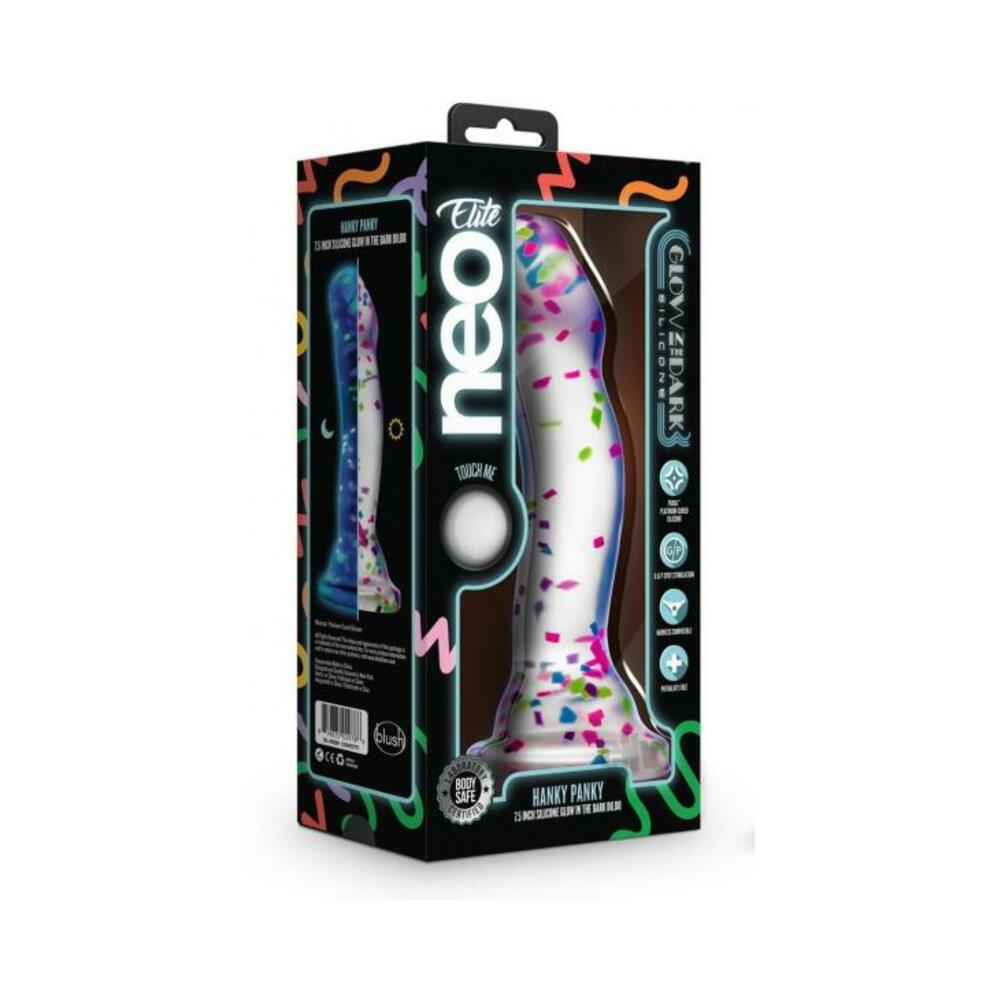819835029786_1_0f9313e1-1689-4e29-b02d-08e39468f3b6 Neo Elite Hanky Panky 7.5 In. Glow-in-the-dark Silicone Confetti Dildo - Image 1