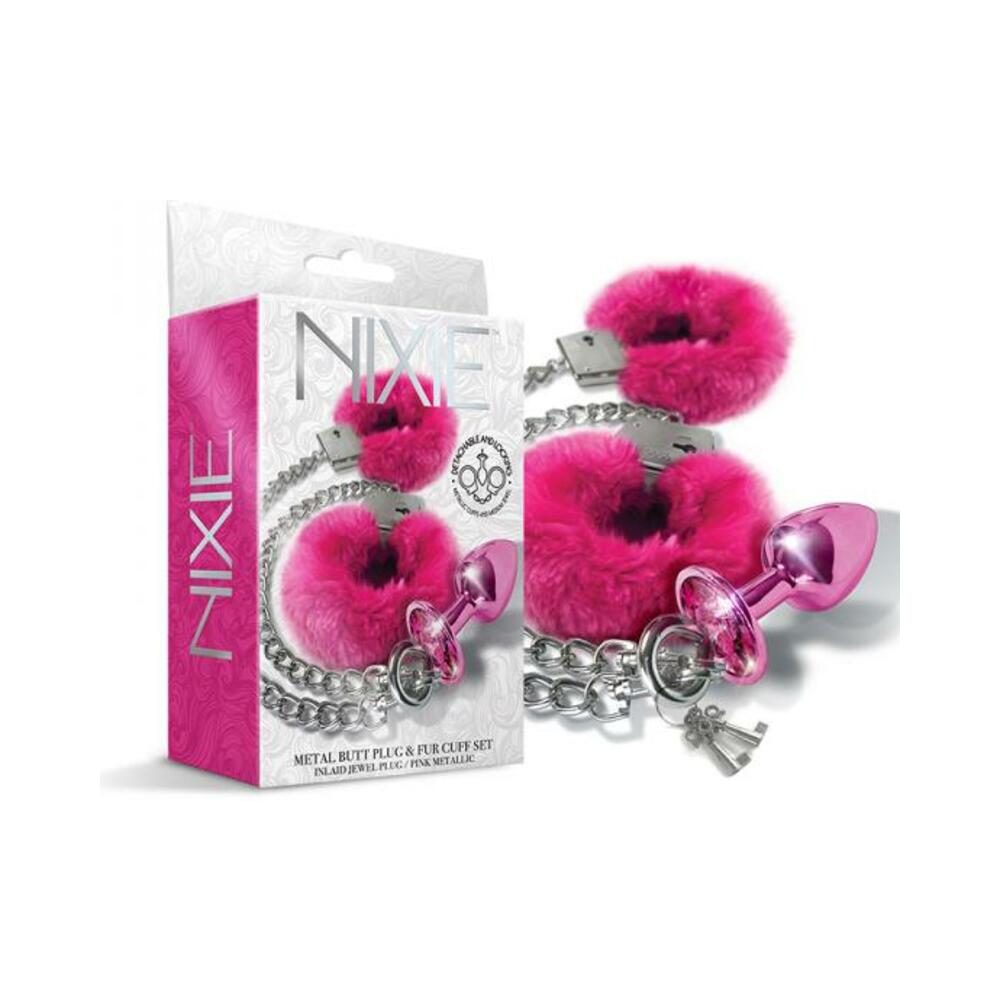 850010096964_1 Nixie Metal Butt Plug & Furry Handcuff Set Medium Pink Metallic - Image 1