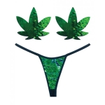 Neva Nude Naughty Knix Weed Leaf Sequin G-string & Pasties - Green  O/s