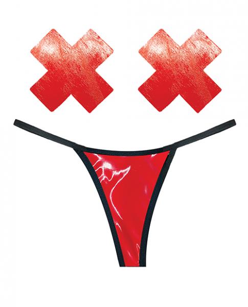 CNVELD-NN-GSTVIX6291f3043ec81 Neva Nude Naughty Knix Vixen Wet Vinyl G-string & Pasties - Red O/s - Image 1