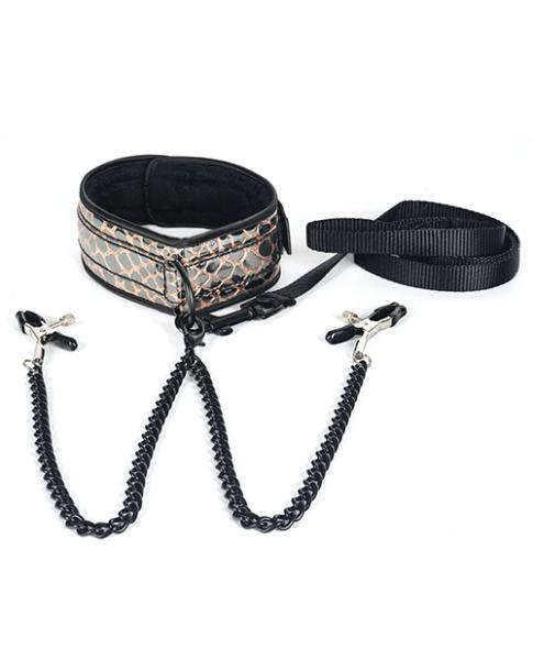 CNVELD-SPU-102GD5d8c8c9fcc27b Spartacus Faux Leather Collar & Leash Black Nipple Clamps Gold - Image 1