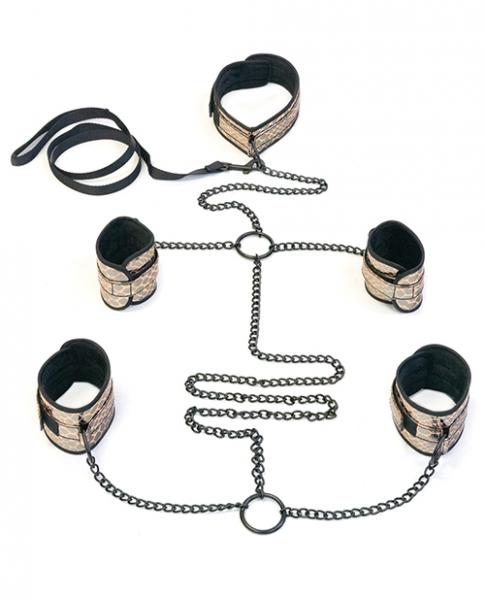 CNVELD-SPU-110GD5d8c8c9cf3bab Faux Leather Collar, Wrist, Ankle Restraints & Leash Bondage Kit Gold - Image 1