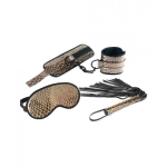 Spartacus Faux Leather Wrist Restraints Blindfold & Flogger Bondage Kit - Gold