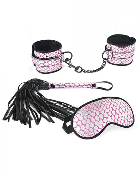 CNVELD-SPU-115PK5d8c8c9f1fabc Spartacus Faux Leather Wrist Restraints Blindfold & Flogger Bondage Kit - Pink - Image 1