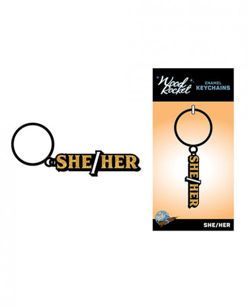 CNVELD-WR-KEY-035640b0e20634b8 Wood Rocket She/her Keychain - Black/gold - Image 1